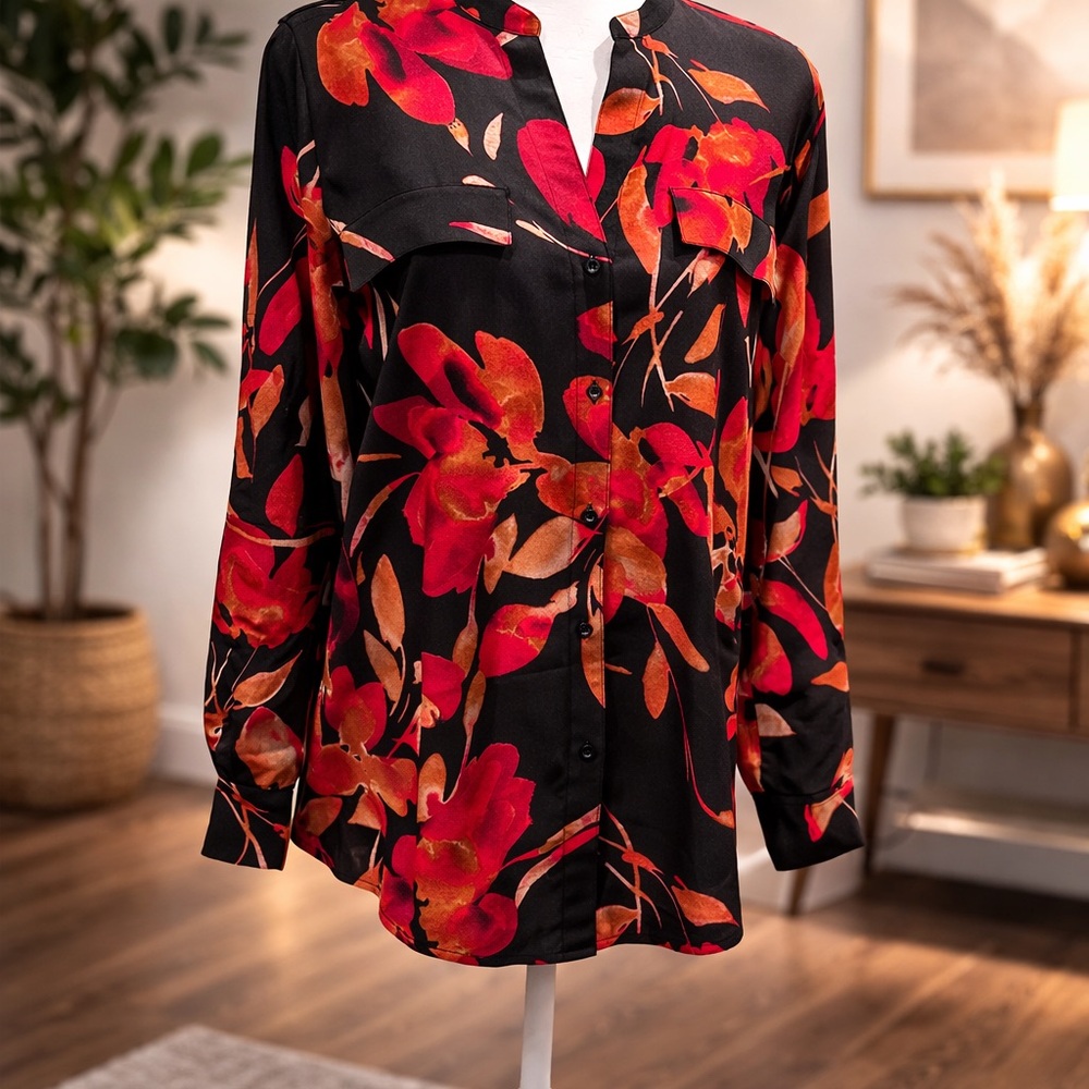 Calvin Klein Floral Black and Red Women's Top M Light Weight